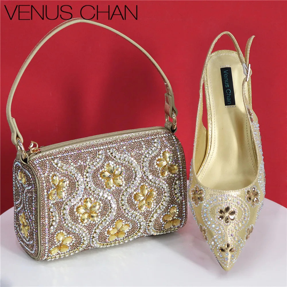 Elegant And Sexy Fuchsia Color High Heels Shoes And Bag With Rhinestone Embellished Toe Is Comfortable Women's Shoes For Party