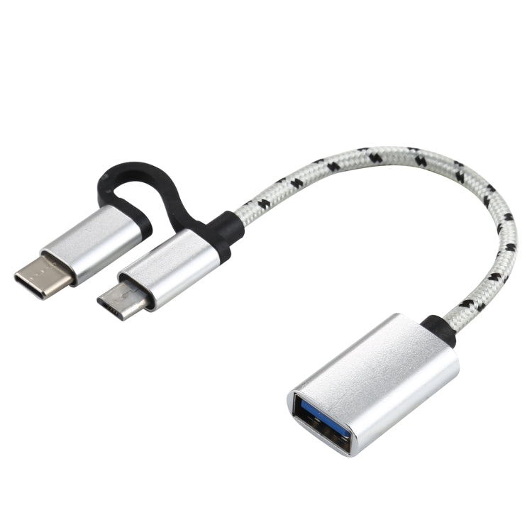 USB 3.0 Female to Micro USB + USB-C / Type-C Male Charging + Transmission OTG Nylon Braided Adapter Cable, Cable Length: 11cm, Micro USB Black, Micro USB Blue, Micro USB Red, Micro USB Silver, Micro USB  White