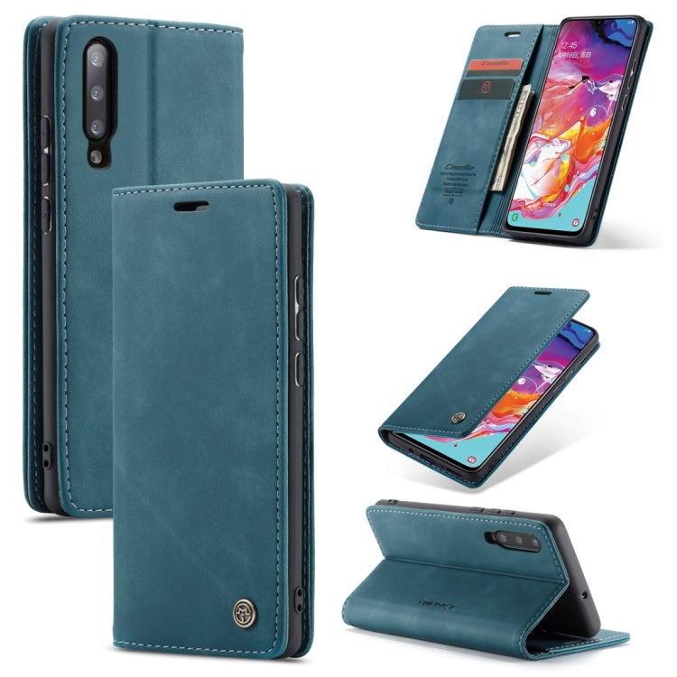 CaseMe-013 Multifunctional Retro Frosted Horizontal Flip Leather Case for Galaxy A70, with Card Slot & Holder & Zipper Wallet & Photo Frame(Blue)