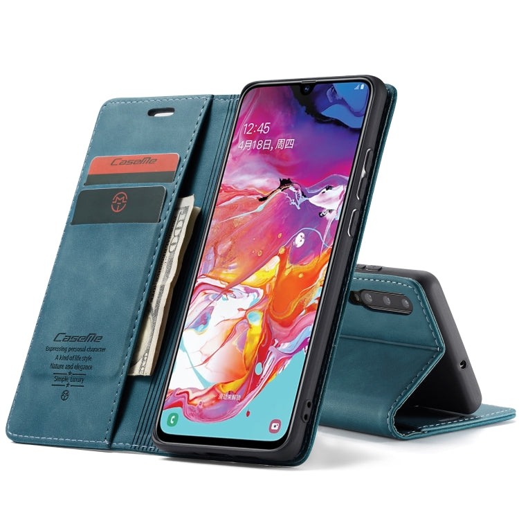 CaseMe-013 Multifunctional Retro Frosted Horizontal Flip Leather Case for Galaxy A70, with Card Slot & Holder & Zipper Wallet & Photo Frame(Blue)