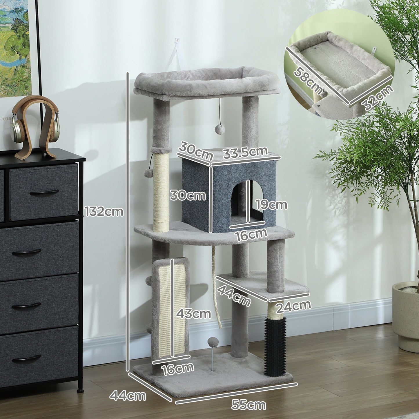 PawHut 132cm Cat Tree for Indoor Cats w/ Scratching Posts, Light Grey