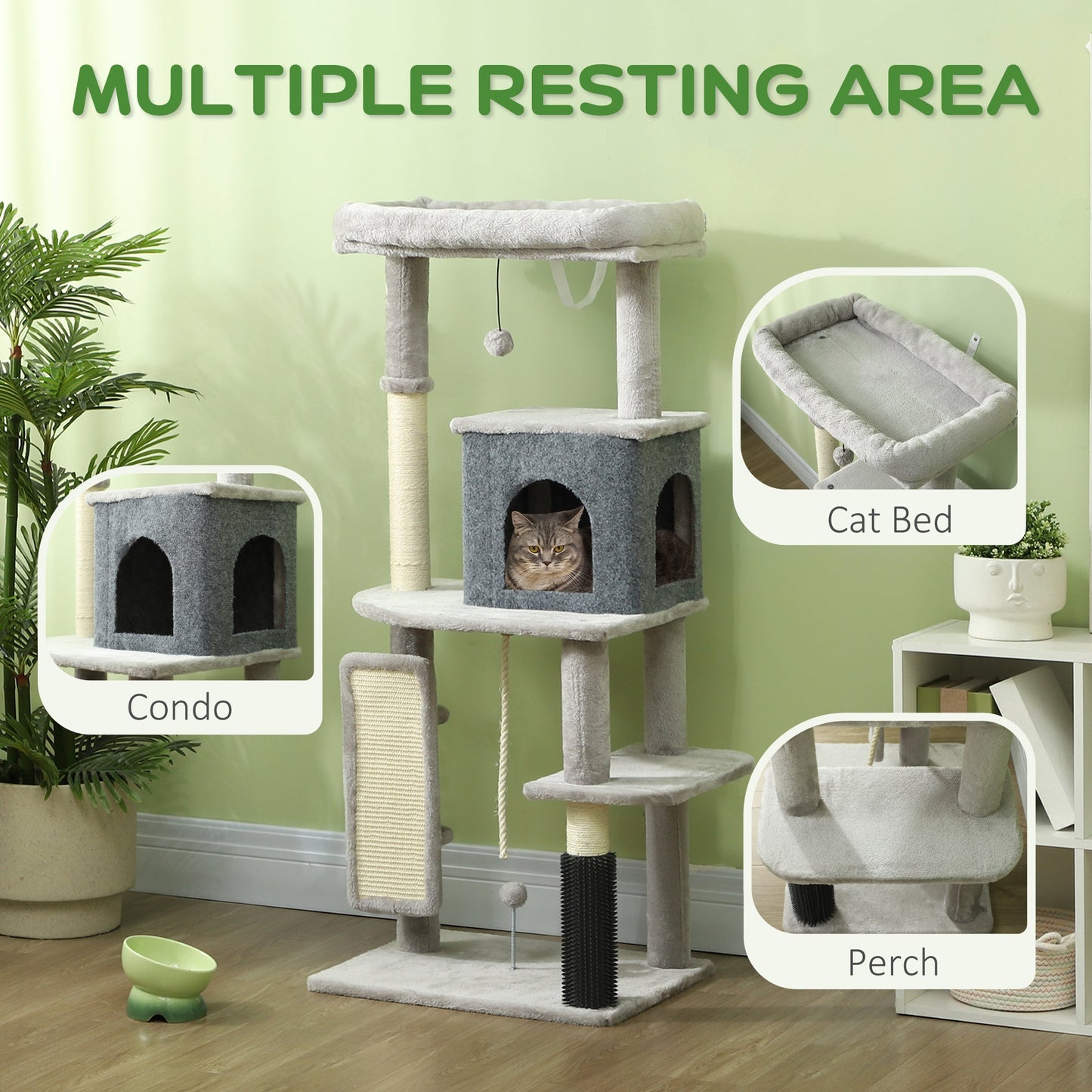 PawHut 132cm Cat Tree for Indoor Cats w/ Scratching Posts, Light Grey