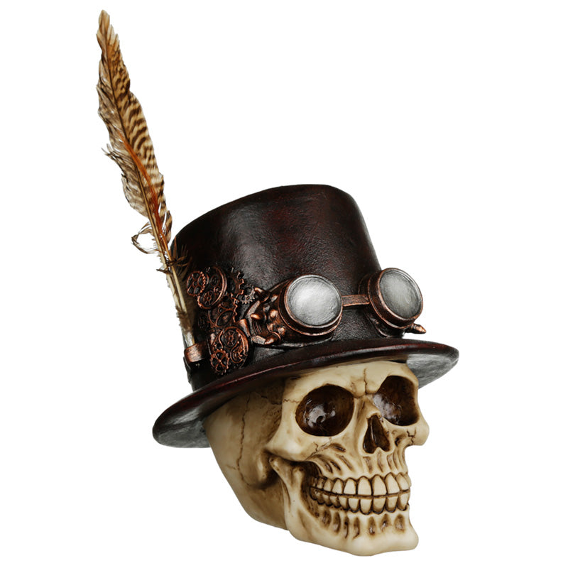 Fantasy Steampunk Skull Ornament - Top Hat and Feathers