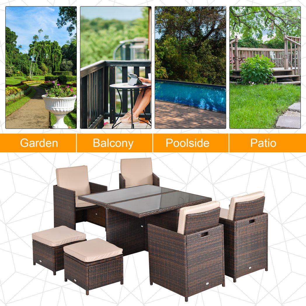 9PC Rattan Garden Furniture Set 8 Wicker Dining Chairs Footrest Table
