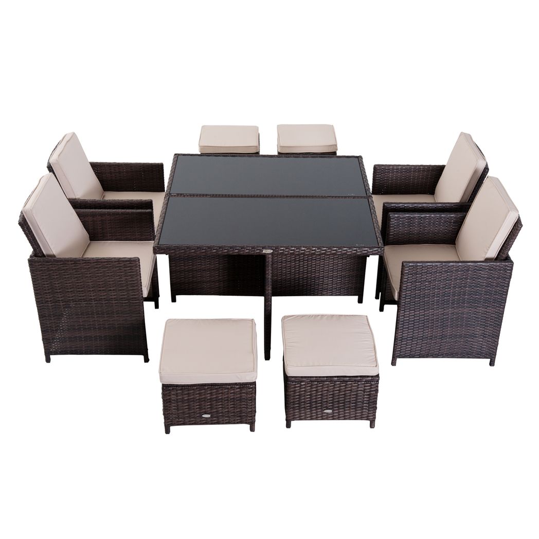 9PC Rattan Garden Furniture Set 8 Wicker Dining Chairs Footrest Table