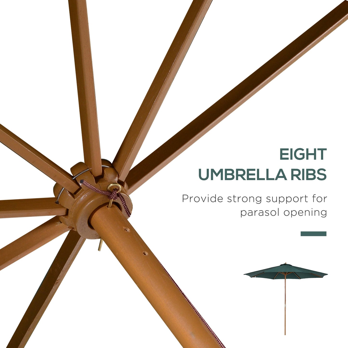 Outsunny Wooden Garden Parasol with Rope Pulley Mechanism and 8 Ribs Dark Green