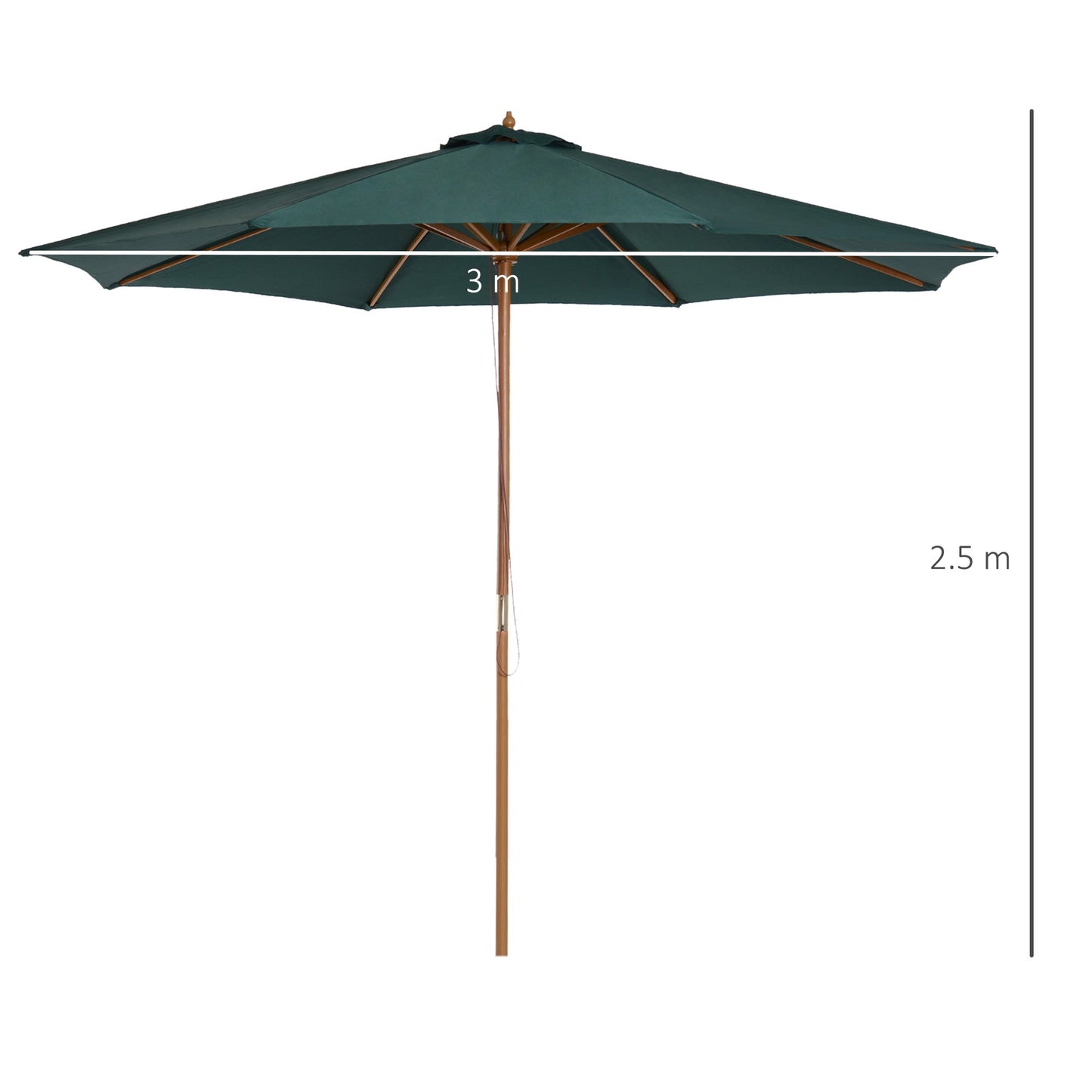 Outsunny Wooden Garden Parasol with Rope Pulley Mechanism and 8 Ribs Dark Green