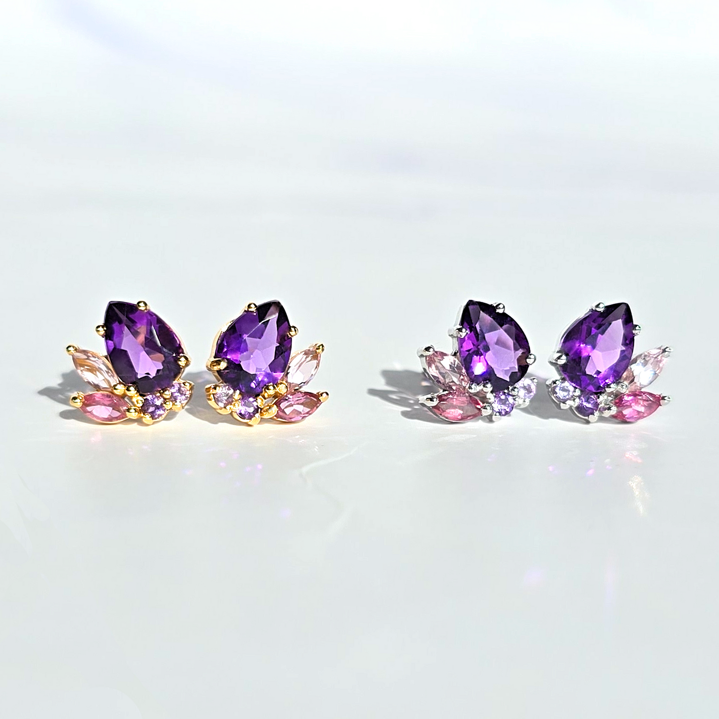Amethyst and Pink Tourmaline Gemstone Cluster Earrings in Sterling Silver