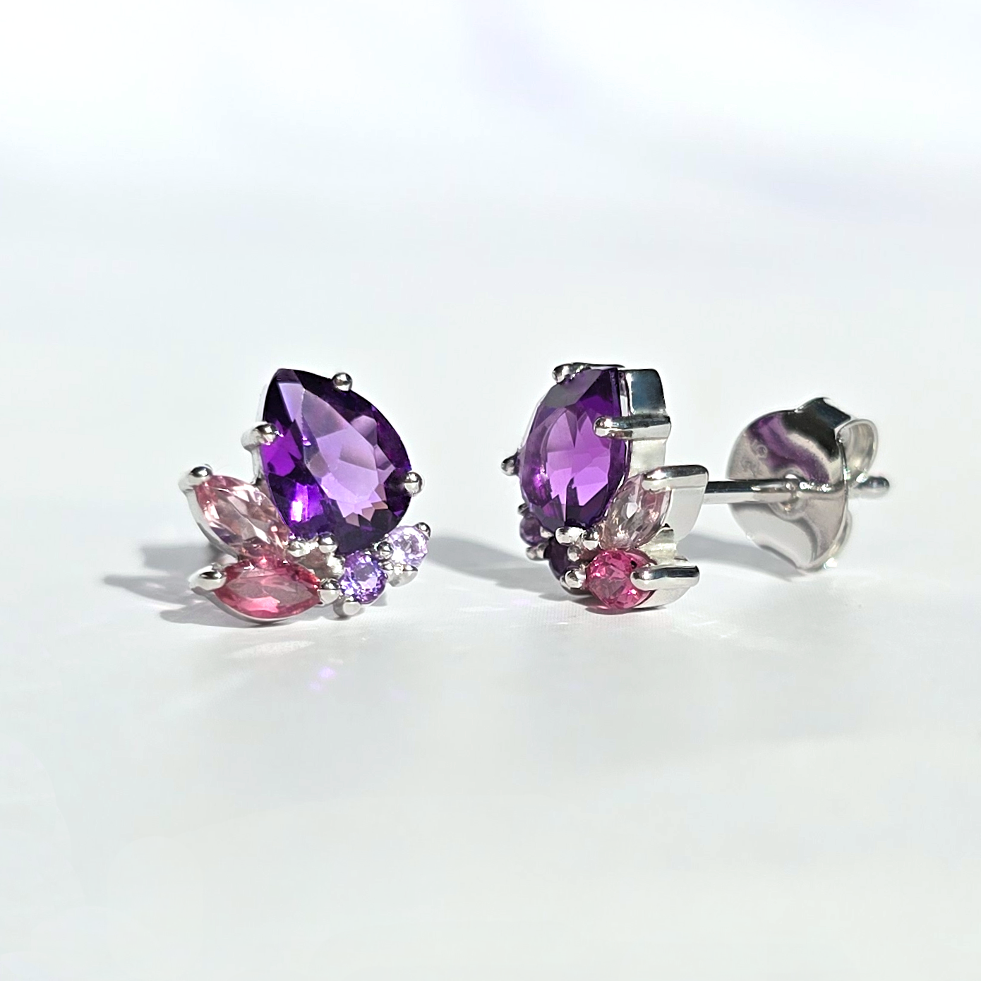 Amethyst and Pink Tourmaline Gemstone Cluster Earrings in Sterling Silver