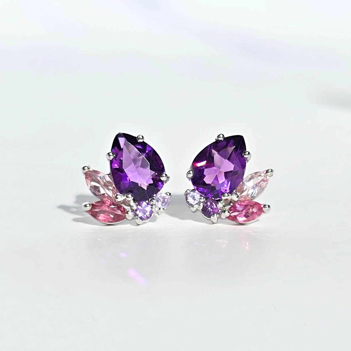 Amethyst and Pink Tourmaline Gemstone Cluster Earrings in Sterling Silver