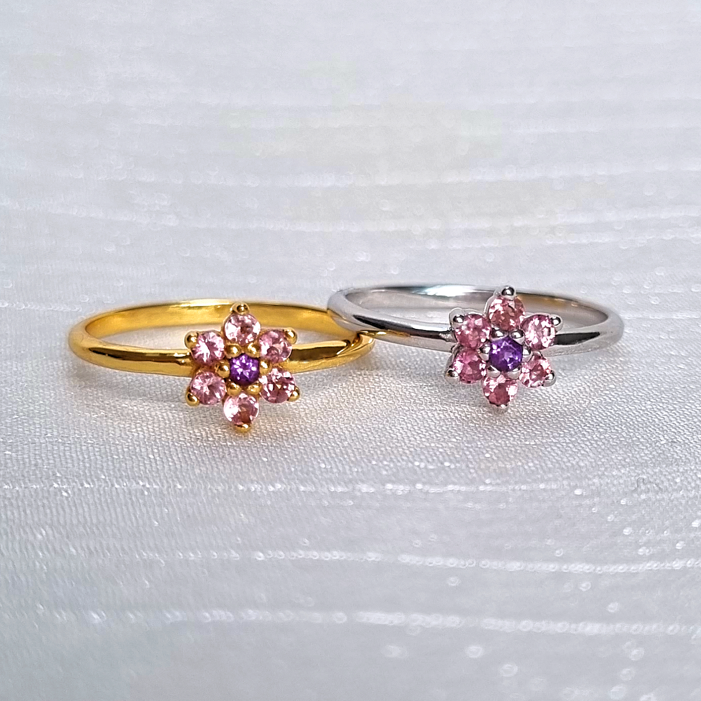 Pink Tourmaline and Amethyst Flower Ring in 18k Gold Vermeil