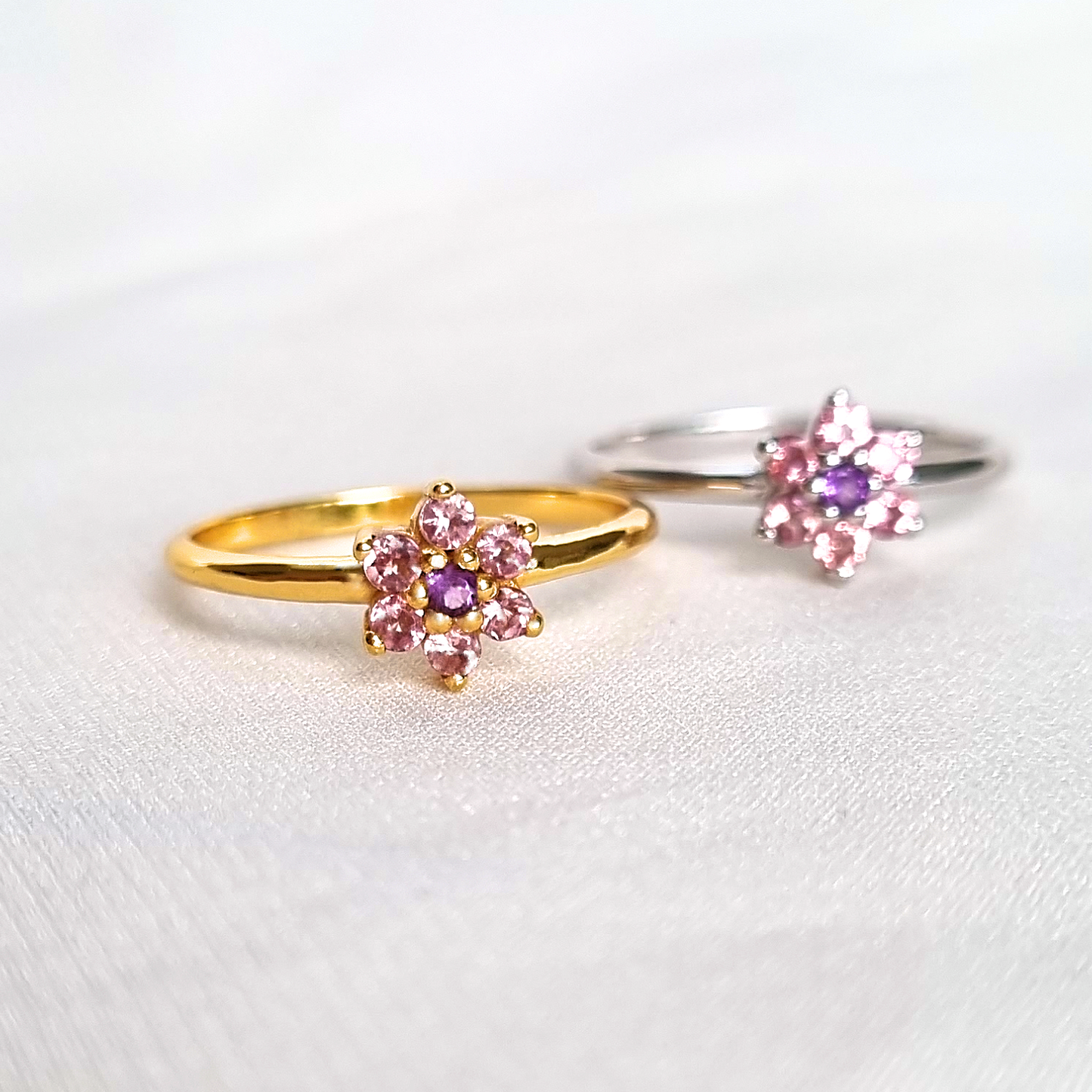 Pink Tourmaline and Amethyst Flower Ring in 18k Gold Vermeil