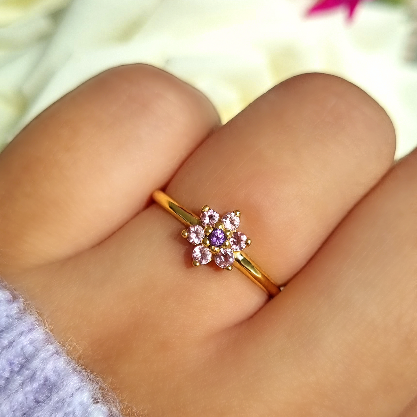 Pink Tourmaline and Amethyst Flower Ring in 18k Gold Vermeil