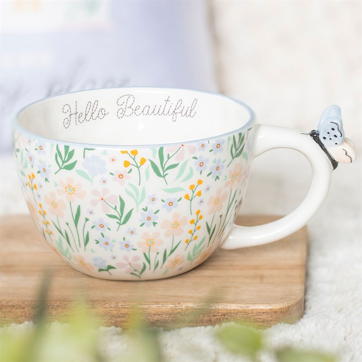 مُج "Hello Beautiful" بطبعة زهور صغيرة وفراشة