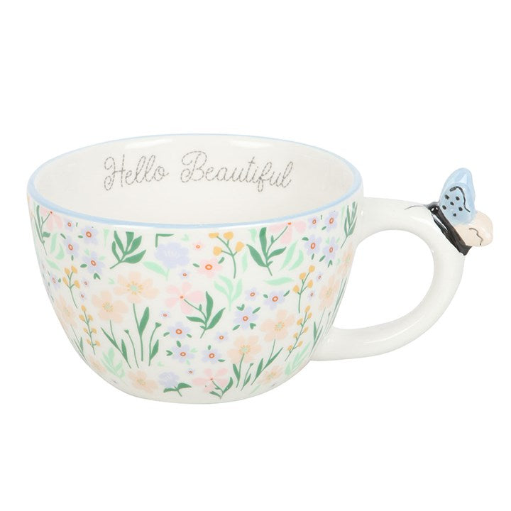 مُج "Hello Beautiful" بطبعة زهور صغيرة وفراشة