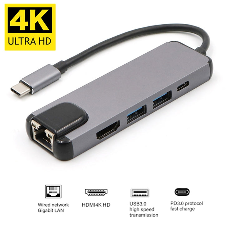 USB-C/Type-C to HD 4K HDMI + RJ45 + USB 3.0 + USB 2.0 + PD 5 in 1 HUB Converter, 5 in 1