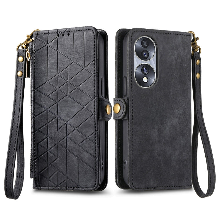 For Honor 70 Geometric Zipper Wallet Side Buckle Leather Phone Case(Black)