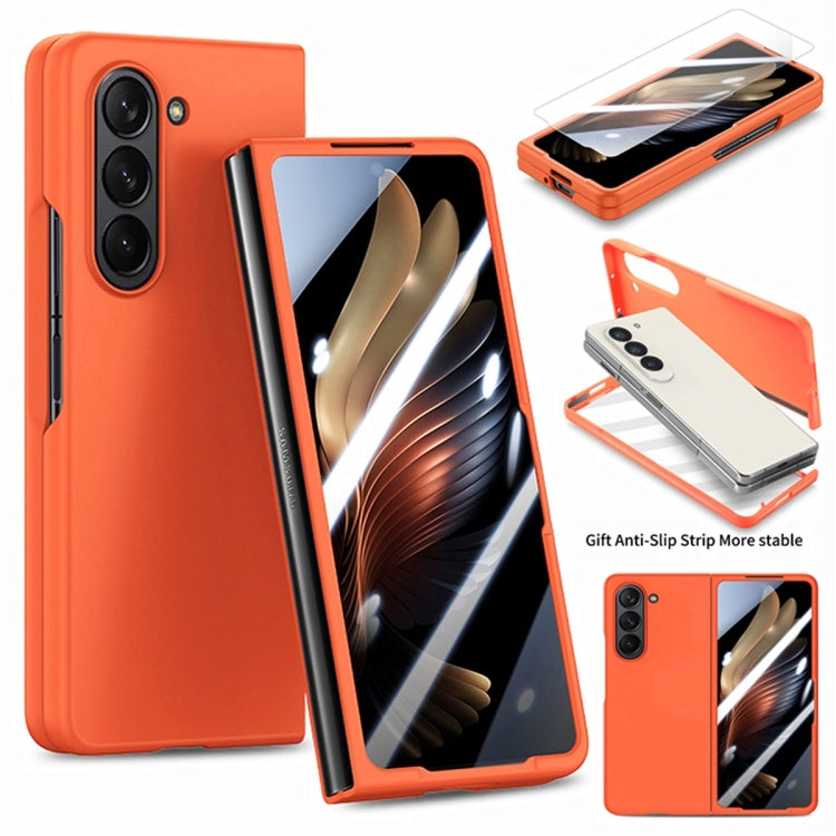 For Samsung Galaxy Z Fold6 JUNSUNMAY Smoothly PC + 9H Tempered Glass Protector Folding Phone Case(Orange)