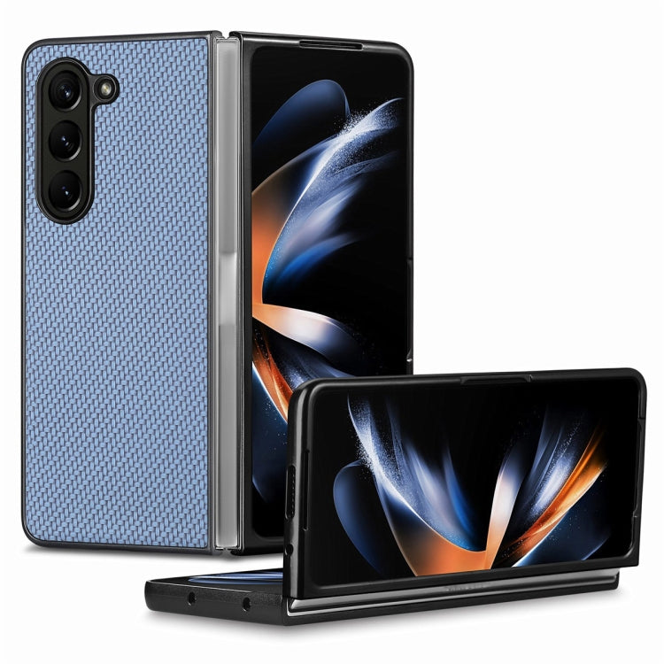 For Samsung Galaxy Z Fold6 JUNSUNMAY Carbon Fiber Pattern Leather Skin PC Folding Phone Case(Khaki)