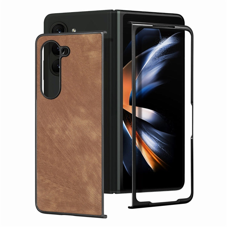 For Samsung Galaxy Z Fold6 JUNSUNMAY Retro Pattern Leather Skin PC Folding Phone Case(Brown)
