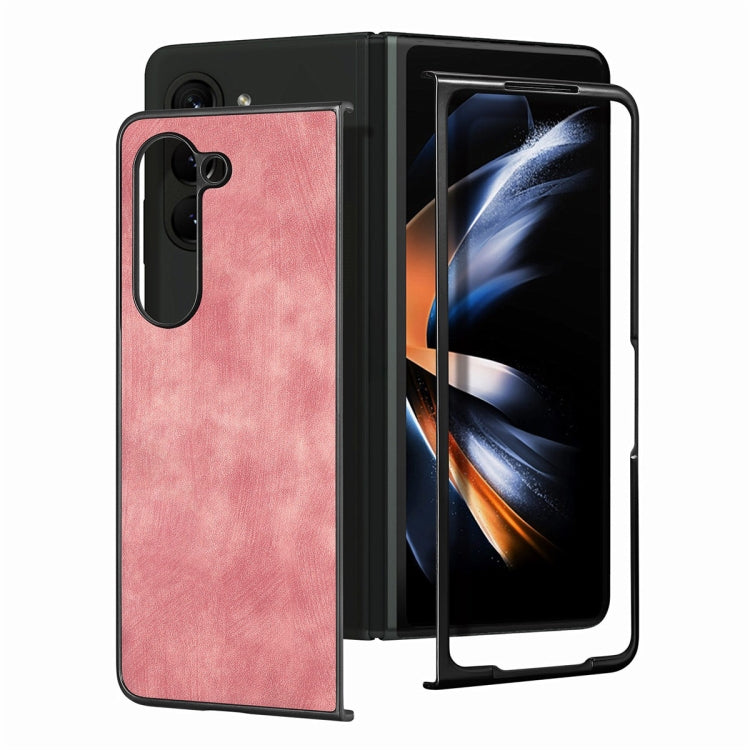 For Samsung Galaxy Z Fold6 JUNSUNMAY Retro Pattern Leather Skin PC Folding Phone Case(Pink)
