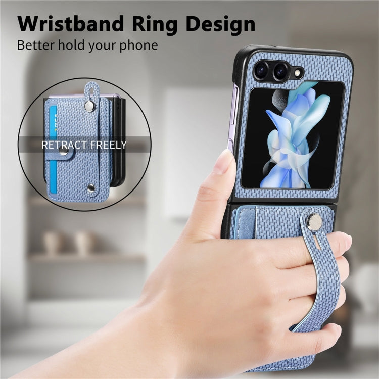For Samsung Galaxy Z Flip6 / Flip7 FE JUNSUNMAY Carbon Fiber Pattern Leather Skin PC Folding Phone Case(Blue)