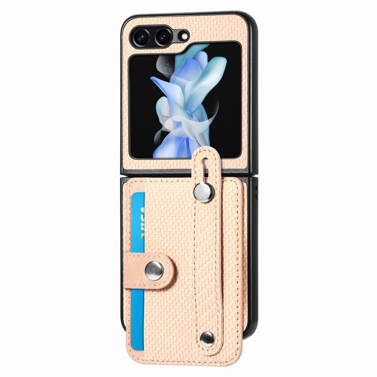 For Samsung Galaxy Z Flip6 / Flip7 FE JUNSUNMAY Carbon Fiber Pattern Leather Skin PC Folding Phone Case(Khaki)