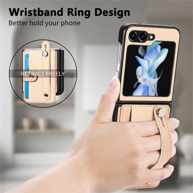For Samsung Galaxy Z Flip6 / Flip7 FE JUNSUNMAY Carbon Fiber Pattern Leather Skin PC Folding Phone Case(Khaki)