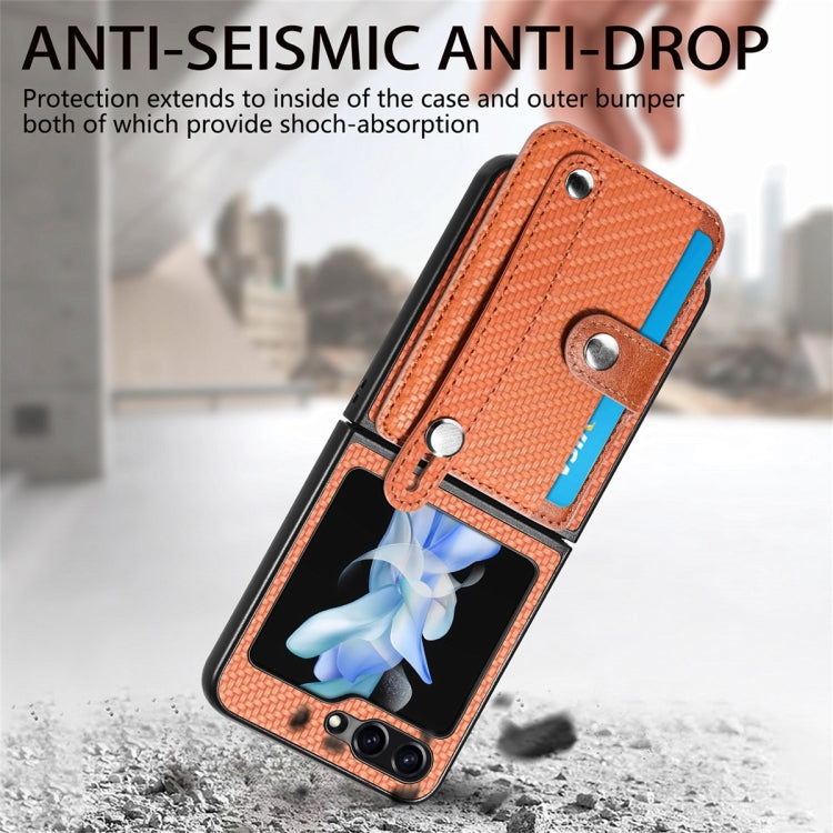For Samsung Galaxy Z Flip6 / Flip7 FE JUNSUNMAY Carbon Fiber Pattern Leather Skin PC Folding Phone Case(Brown)