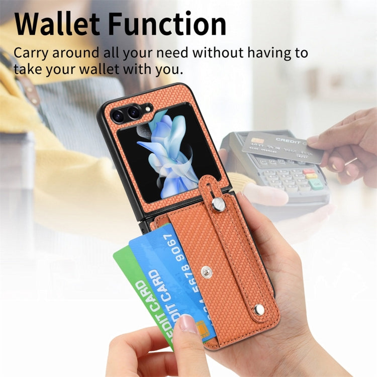 For Samsung Galaxy Z Flip6 / Flip7 FE JUNSUNMAY Carbon Fiber Pattern Leather Skin PC Folding Phone Case(Brown)