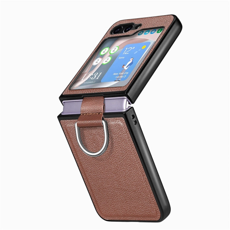 For Samsung Galaxy Z Flip6 / Flip7 FE JUNSUNMAY Litchi Leather Skin PC Folding Phone Case with Phone Ring(Brown)