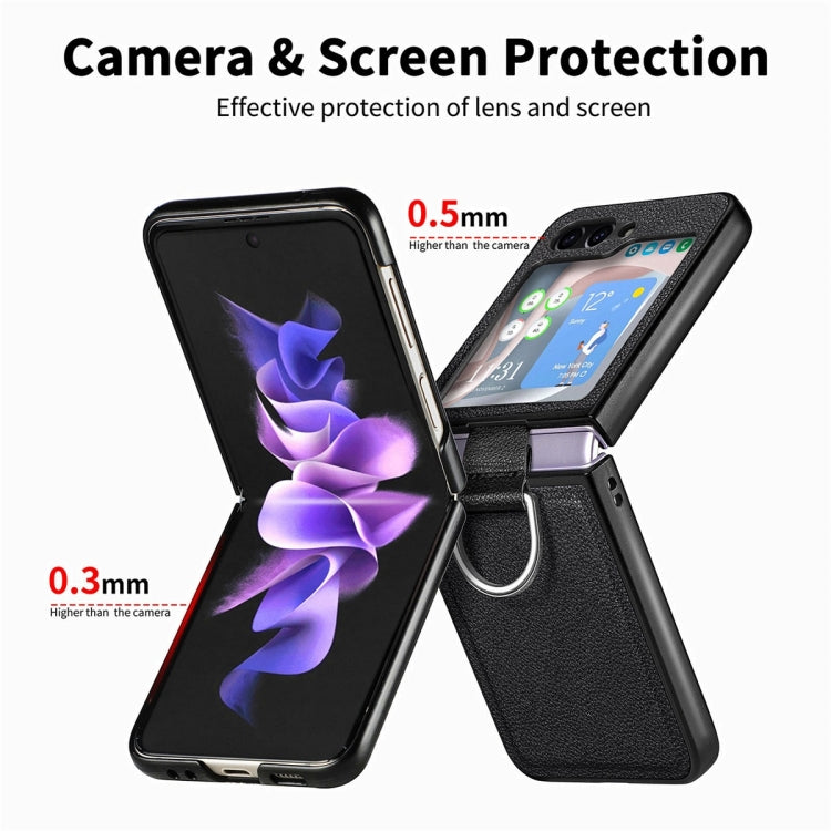 For Samsung Galaxy Z Flip6 / Flip7 FE JUNSUNMAY Litchi Leather Skin PC Folding Phone Case with Phone Ring(Khaki)