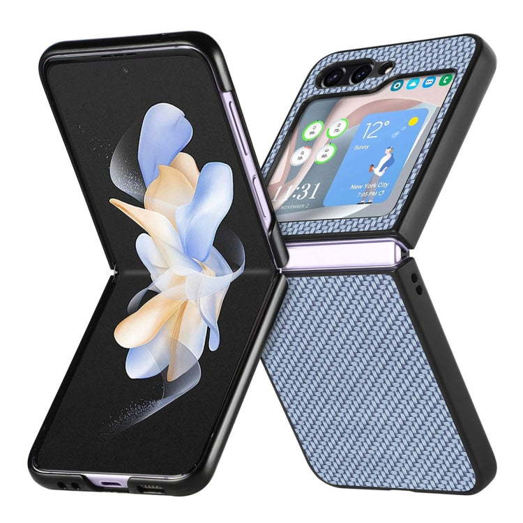 For Samsung Galaxy Z Flip6 / Flip7 FE JUNSUNMAY Carbon Fiber Pattern Leather Skin PC Folding Phone Case(Blue)