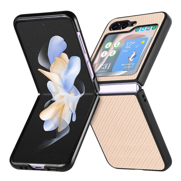For Samsung Galaxy Z Flip6 / Flip7 FE JUNSUNMAY Carbon Fiber Pattern Leather Skin PC Folding Phone Case(Khaki)