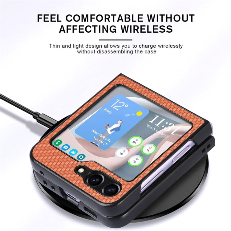 For Samsung Galaxy Z Flip6 / Flip7 FE JUNSUNMAY Carbon Fiber Pattern Leather Skin PC Folding Phone Case(Khaki)