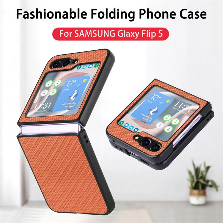 For Samsung Galaxy Z Flip6 / Flip7 FE JUNSUNMAY Carbon Fiber Pattern Leather Skin PC Folding Phone Case(Brown)