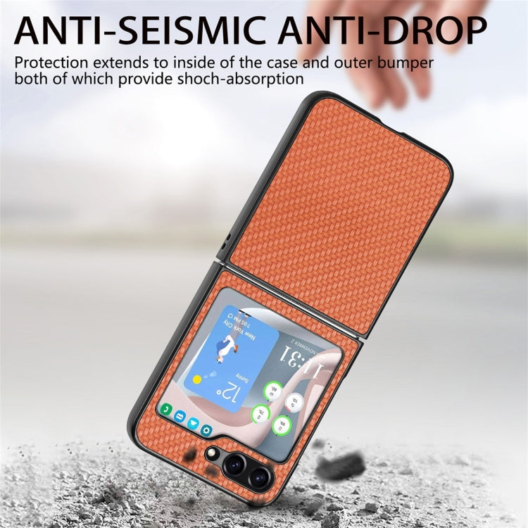 For Samsung Galaxy Z Flip6 / Flip7 FE JUNSUNMAY Carbon Fiber Pattern Leather Skin PC Folding Phone Case(Brown)