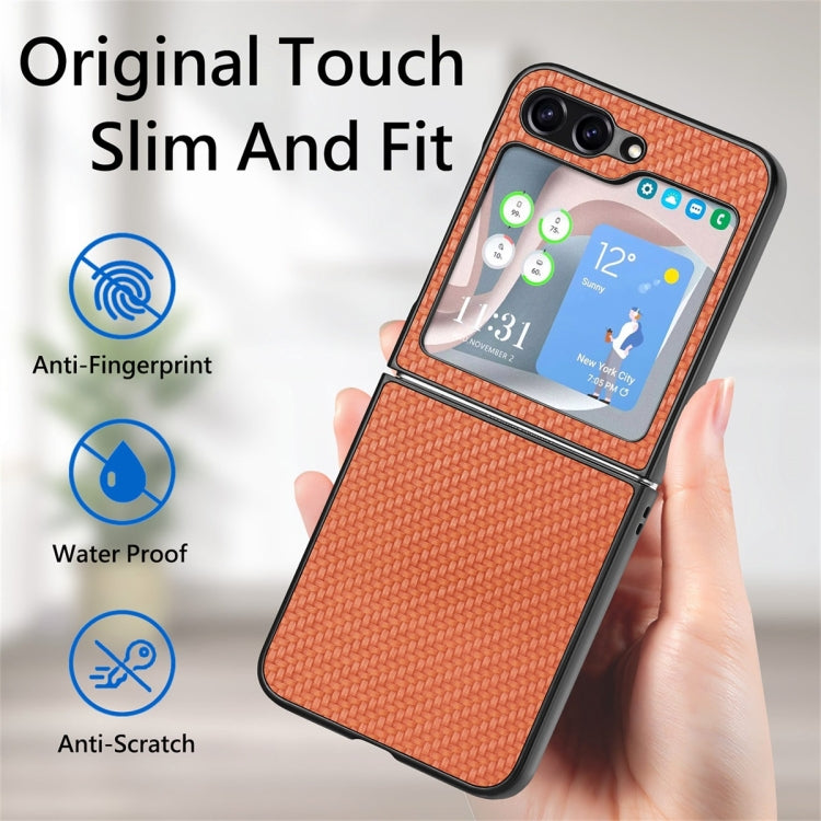 For Samsung Galaxy Z Flip6 / Flip7 FE JUNSUNMAY Carbon Fiber Pattern Leather Skin PC Folding Phone Case(Blue)