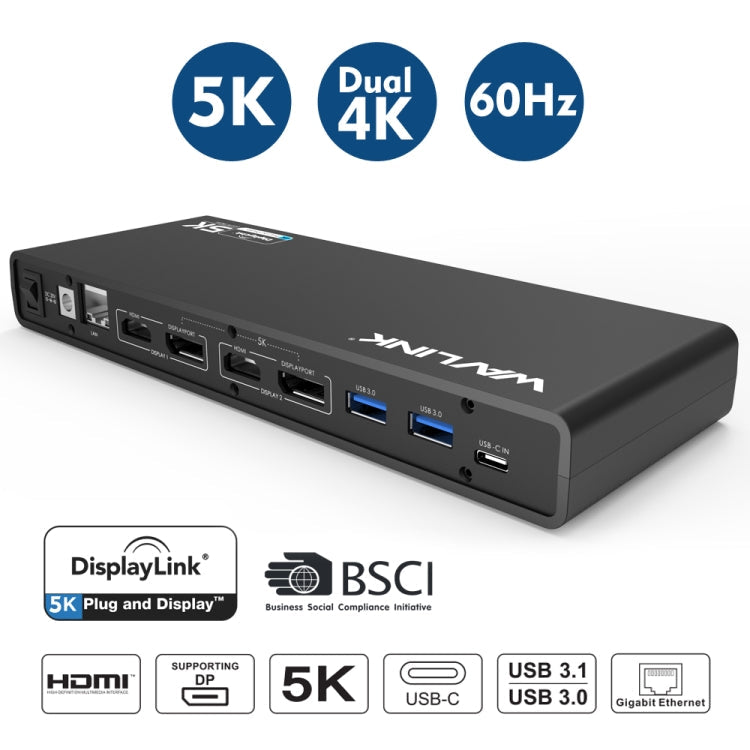 Wavlink UG69DK1 5K Type-C Dual Display USB 3.0 Video Gigabit Ethernet HDMI Docking Station, Plug:AU Plug