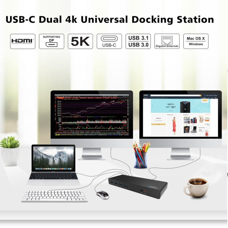 Wavlink UG69DK1 5K Type-C Dual Display USB 3.0 Video Gigabit Ethernet HDMI Docking Station, Plug:AU Plug