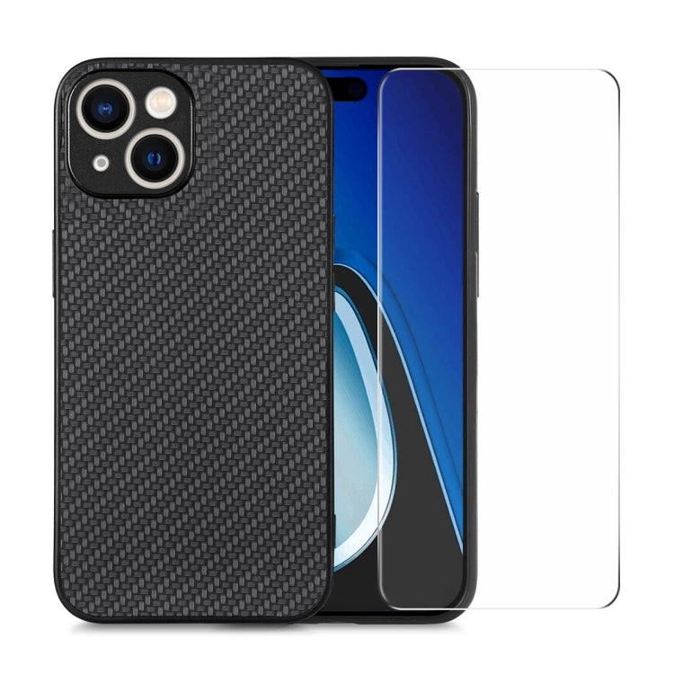 For iPhone 15 Plus ENKAY Fiber Leather Skin PC Phone Case with High Aluminum-silicon Glass Film(Black)