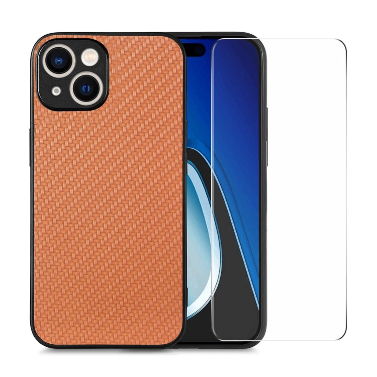 For iPhone 14 Plus ENKAY Fiber Leather Skin PC Phone Case with High Aluminum-silicon Glass Film(Brown)