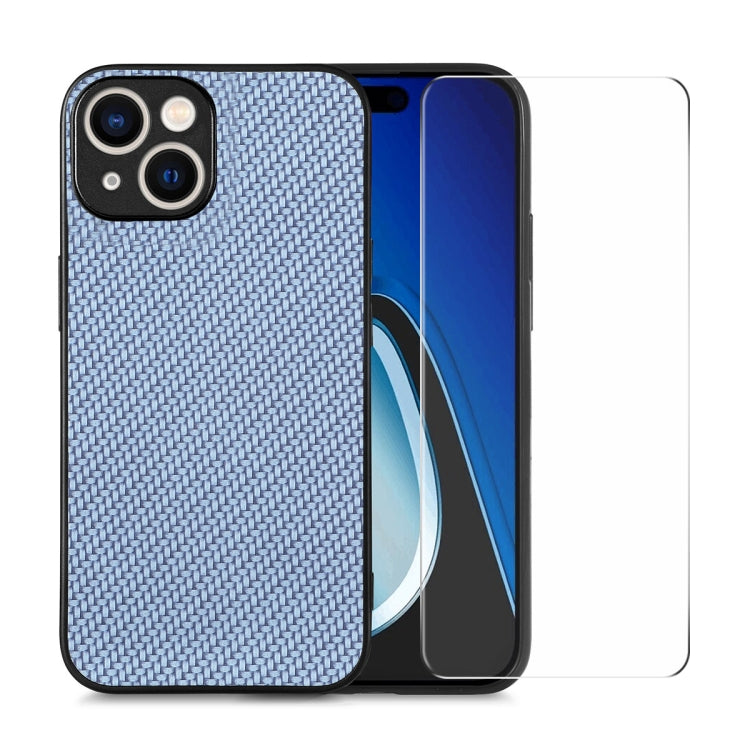 For iPhone 14 ENKAY Fiber Leather Skin PC Phone Case with High Aluminum-silicon Glass Film(Blue)