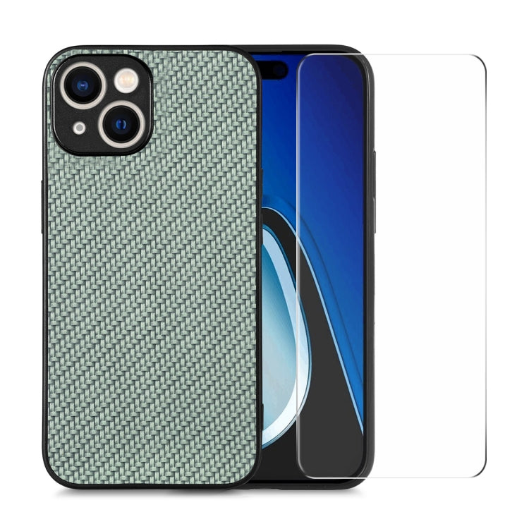 For iPhone 14 ENKAY Fiber Leather Skin PC Phone Case with High Aluminum-silicon Glass Film(Green)