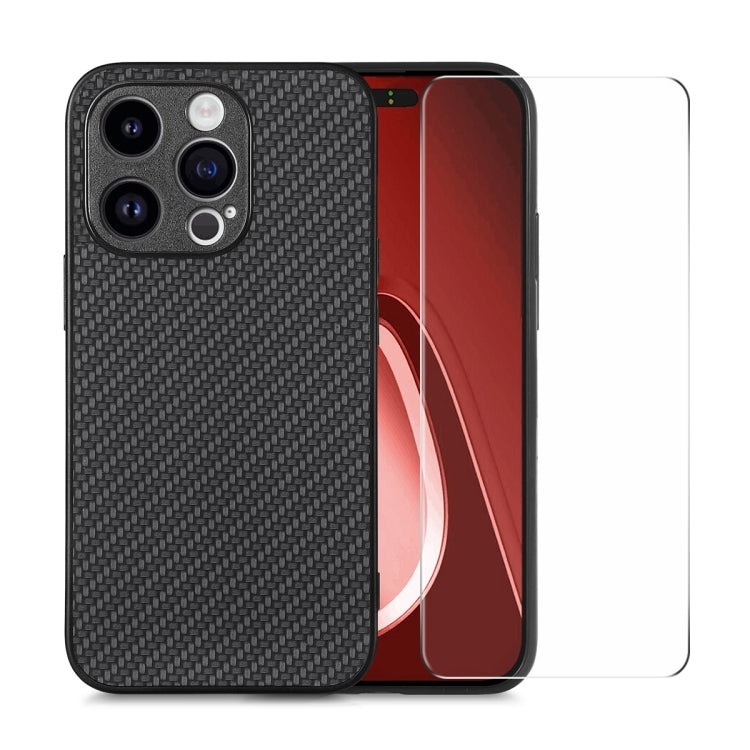 For iPhone 14 Pro ENKAY Fiber Leather Skin PC Phone Case with High Aluminum-silicon Glass Film(Black)
