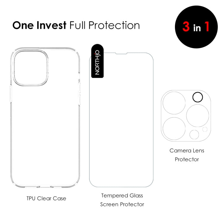 For iPhone 12 Pro NORTHJO 3 in 1 TPU Phone Case with Screen Film and Lens Film(Clear)