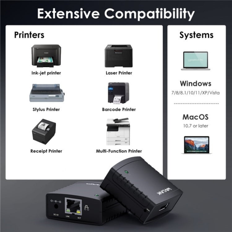WAVLINK NU72P11 100Mbps Network Print Server USB 2.0 Network Printer Power Adapter(US Plug)
