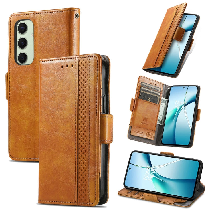 For Samsung Galaxy S24 FE 5G CaseNeo Splicing Dual Magnetic Buckle Leather Phone Case(Khaki)