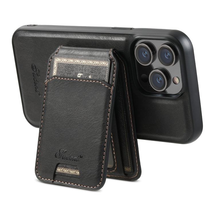 For iPhone 15 Pro Max Suteni H15 MagSafe Oil Eax Leather Detachable Wallet Back Phone Case(Black)