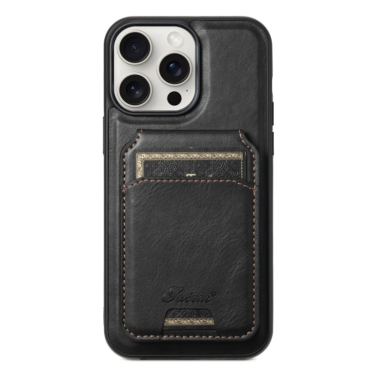For iPhone 15 Pro Max Suteni H15 MagSafe Oil Eax Leather Detachable Wallet Back Phone Case(Black)